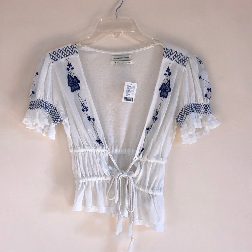 White embroidered tie front top